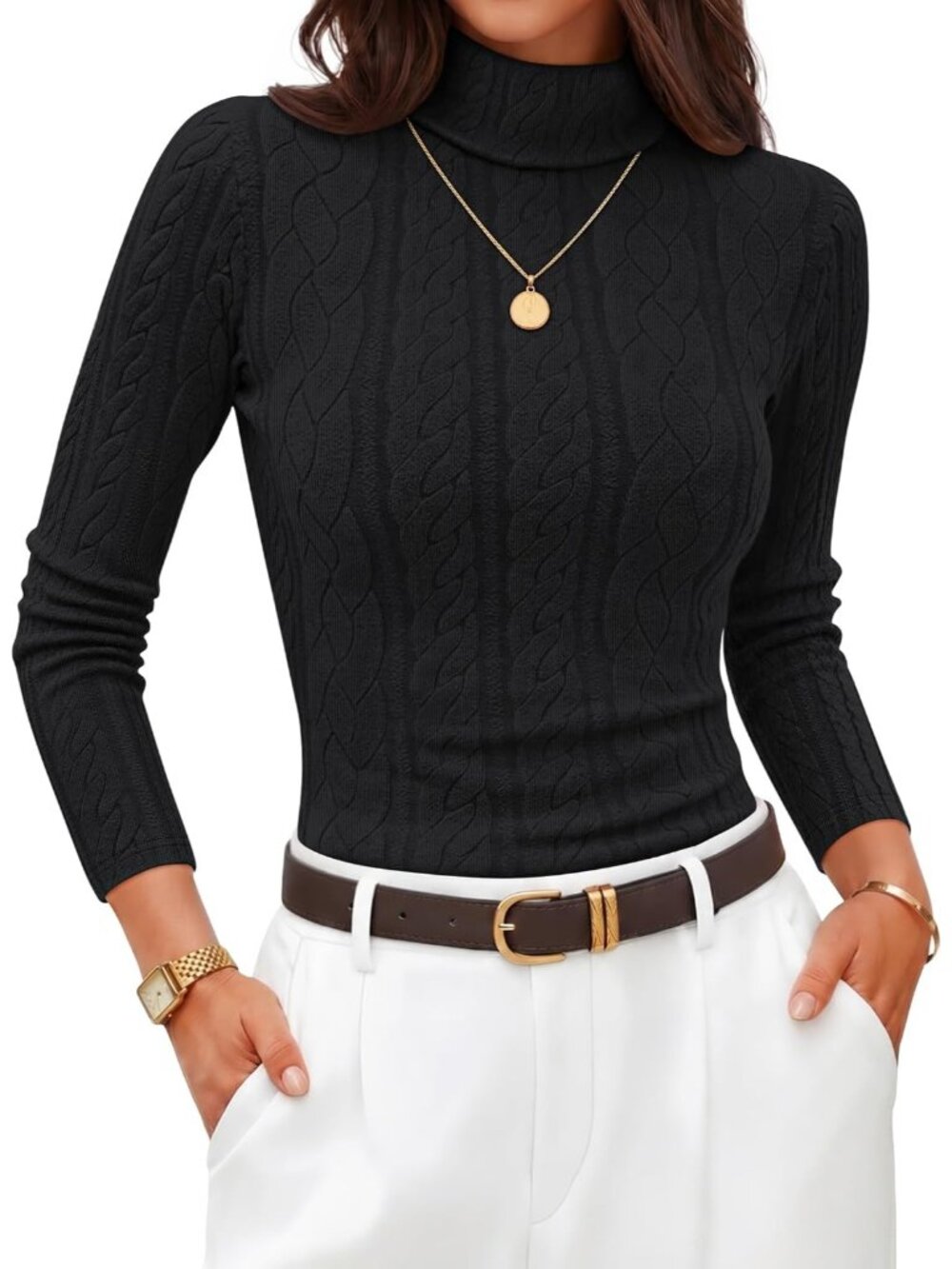 Women's Black Cable Knit Turtleneck Long Sleeve Ruched Slim Fitted Pullover Top